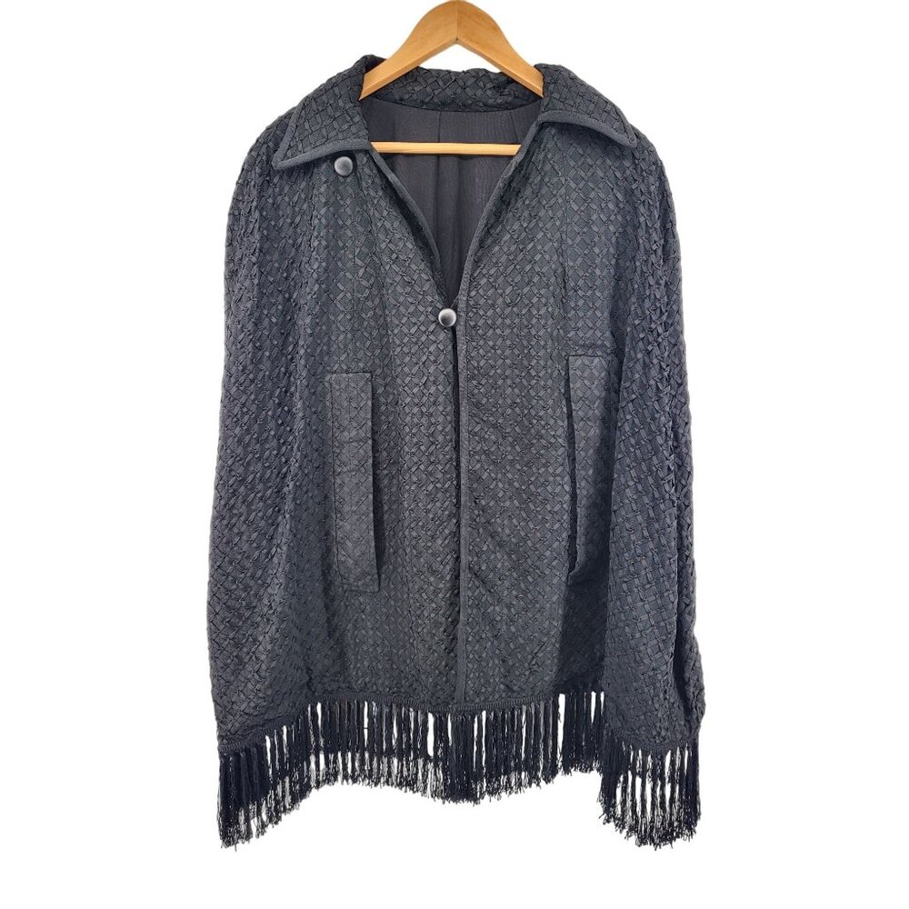 Vintage Black Woven Fringed Poncho With Buttons‎ & Arm Holes